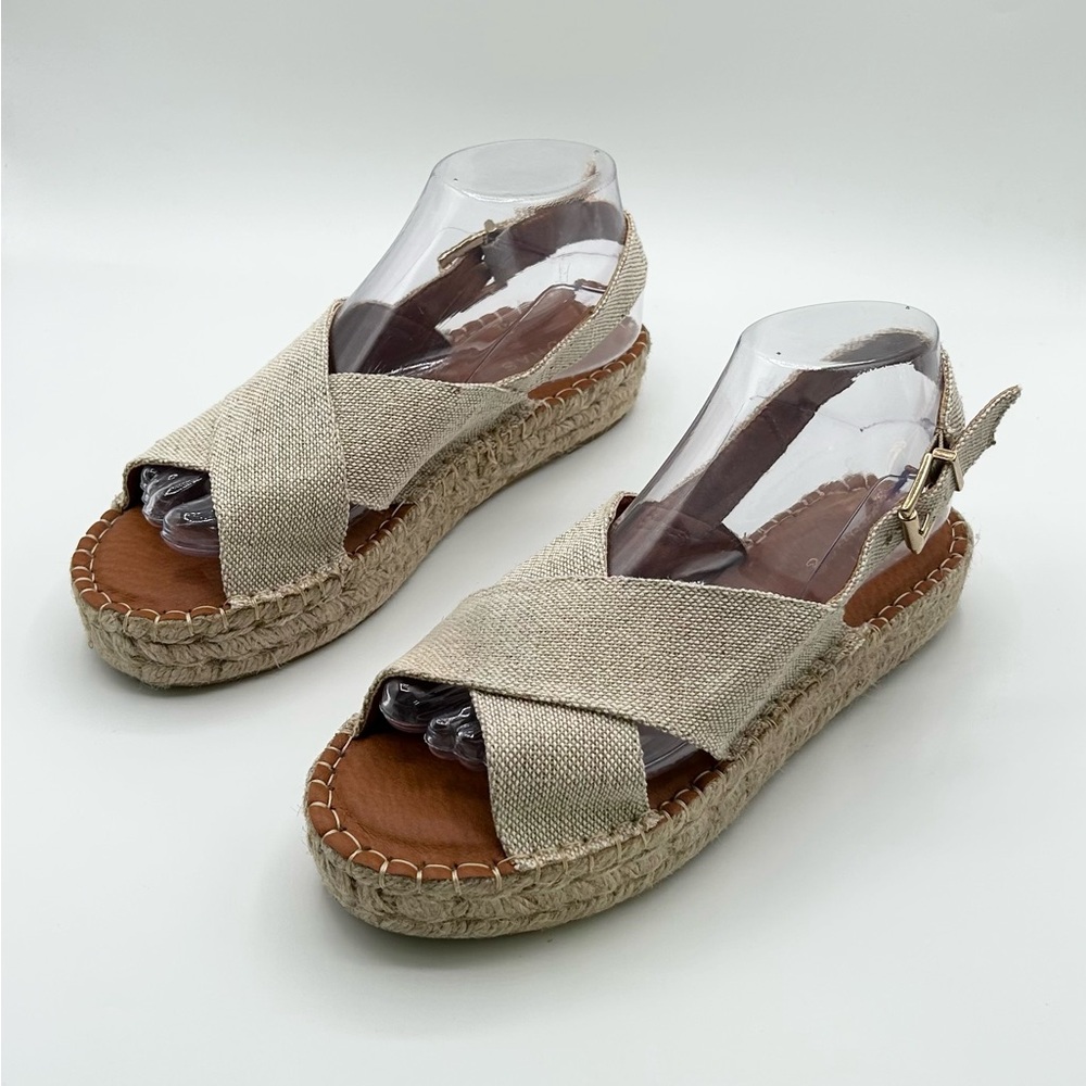 ALOHAS New Tan Cream Camel Woven Leather Canvas Espadrille Sandal Women Size 7.5
